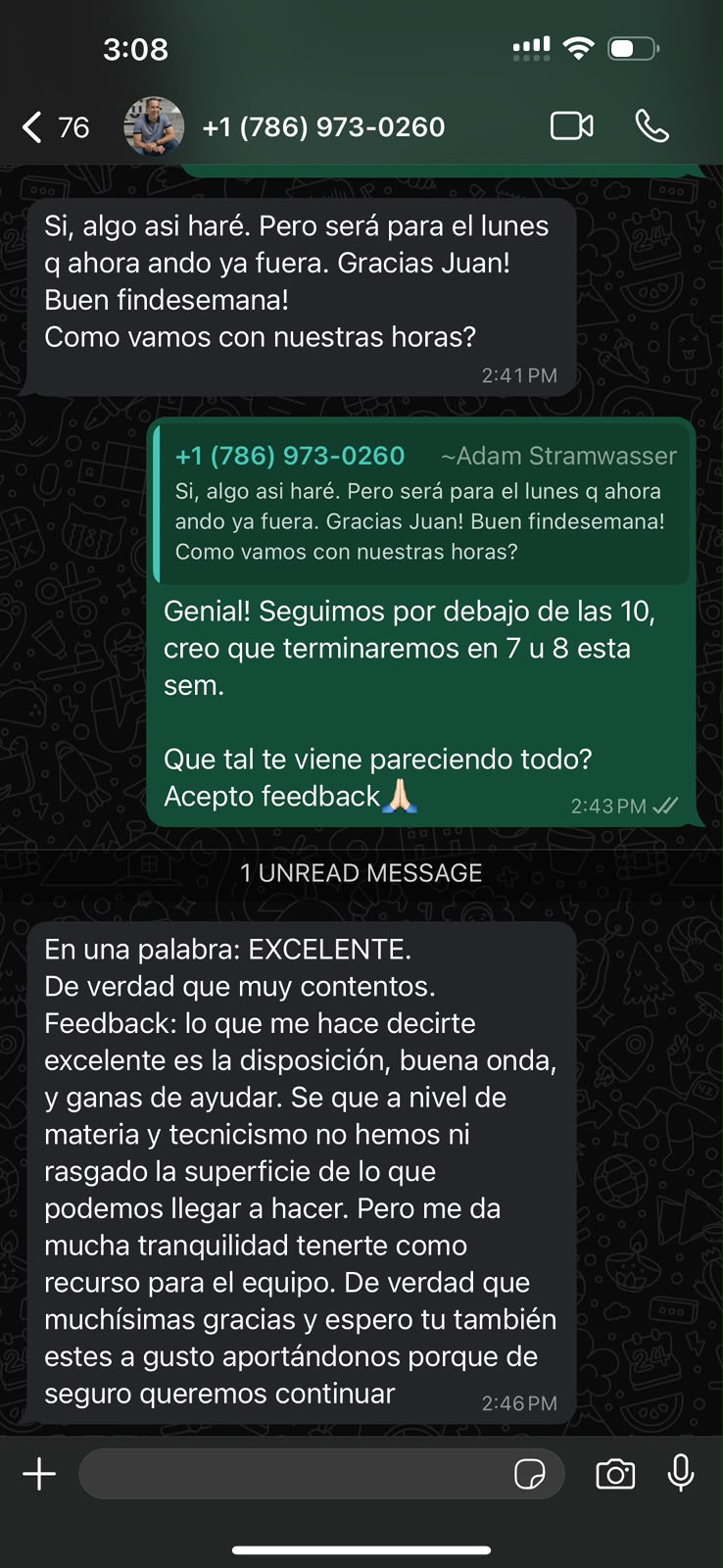 Adam · feedback excelente